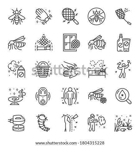 Mosquitoes, icon set. Mosquito repellent, protection, linear icons. bracelet, refills, spray, cream, mosquito net. Line with editable stroke