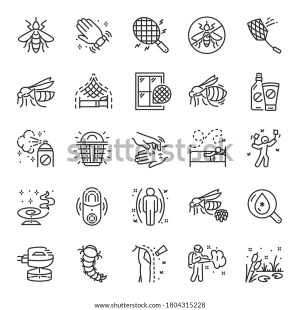 Mosquitoes, icon set. Mosquito repellent,
protection, linear icons. bracelet, refills, spray, cream, mosquito
net. Line with editable
stroke