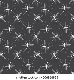 Mosquitoes pattern. Vector dark seamless texture with white mosquitoes