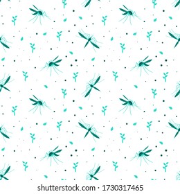 Mosquitoes seamless pattern on white background. Nature woodland backdrop. Flat vector illustration.