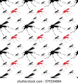 Mosquitoes seamless pattern. Zika virus malaria alert. Black and red graphic sketch mosquito sign, white
background.