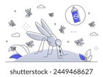 Mosquitoes and a spray can indicating insect repellent, with a simple line art style on a white background with blue accents. Modern flat vector illustration