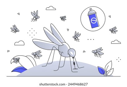 Los mosquitos y un aerosol pueden indicar repelente de insectos, con un estilo de arte de línea simple sobre un fondo blanco con acentos azules. Ilustración vectorial plana moderna