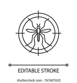 Mosquitoes target linear icon. Anti-insect repellent. Thin line illustration. Contour symbol. Vector isolated outline drawing. Editable stroke