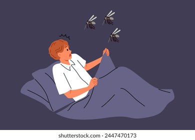 Mosquitoes will attack sleeping man lying in bed, and horrified by sight of giant flying insects. Guy nightmare with malaria mosquitoes carrying infections that cause illness or death