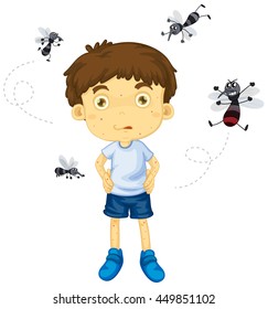 Mosquitos biting little boy illustration