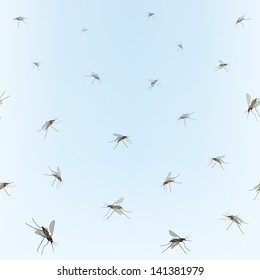 Mosquitos Seamless border. Mosquitos isolated on blue sky background. Incest pattern.