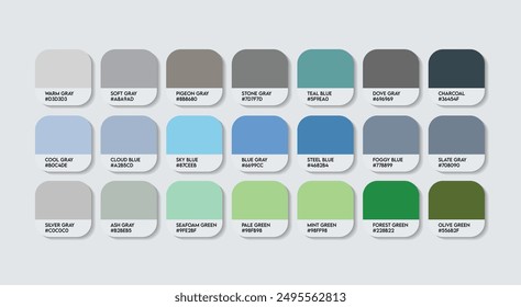 Moss Color Palette, Moss Color Guide Palette with Color Names. Catalog Samples of Moss with RGB HEX codes and Names. Moss Colors Palette Vector, Fashion Trend ash Color shades Vector tones