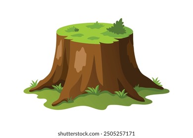 
Moss covered old tree stump flat vector illustration on white background.