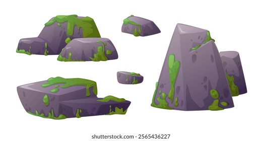 Moss covered stone blocks and swamp rocks set - grey boulders with green slime patches, mountain shaped formations, weathered surfaces and rough textures. Natural environment assets for game landscape