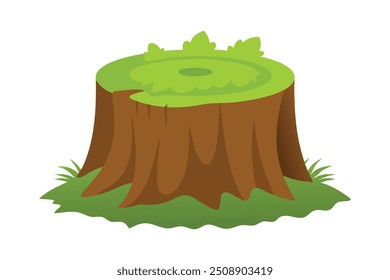 El tocón del árbol cubierto de musgo, que muestra el rico musgo verde y la superficie texturizada de la Ilustración vectorial plana de madera sobre fondo blanco