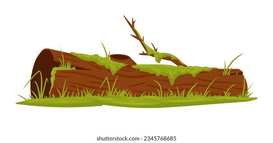 Moss growing on wood trunk. Cartoon swamp moss, rainy forest lichen plants grows on wooden log flat vector illustration