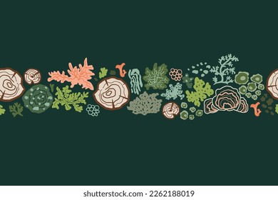 Moss, lichens, stump, fungi seamless border. Green forest mosses repeat background. Botanical moss wall design. Hand drawn woodland organic banner with mushrooms. Cute cartoon vector illustration.