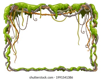 Moss on branches liana. Game cartoon creeper and green lichen. Isolated vector frame on white background.