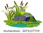Moss on stone in marsh. Cartoon rock in swamp jungle. Сattail, salvinia, water lily. Isolated vector element on white background.
