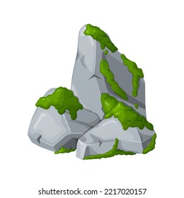 Moss on stones. Rocks and green lichen. Vector crag for computer games.