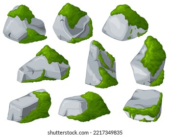 Moss on stones set. Rocks and green lichen. Vector crag for computer games.