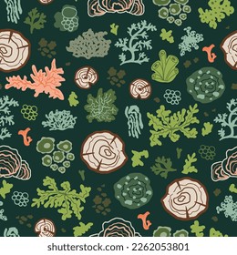 Moss pattern. Green forest mosses, lichens, stumps seamless background. Woodland botanic and biology surface pattern design. Cute fungus nature wallpaper, textile, organic print. Vector illustration.