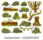 Moss plants. Cartoon swamp moss growing on rocks and wood trunks, rainy forest lichen and fungus plants flat vector illustration set. Nature grow moss collection