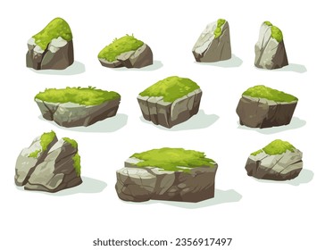 Moss plants growing on old gray stones of different shapes isolated set on white background. Cartoon rocky pieces with green lichen natural environment element vector illustration for landscape design