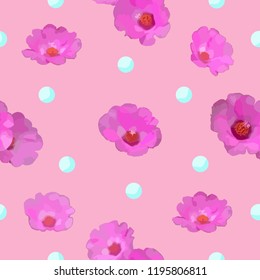 Moss rose seamless pattern. flowers and pearl design. fashion print cute style pastel color background. Vector illustration.