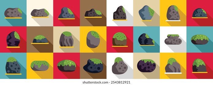 Moss stones icons set. Set of stones with moss growing on them, representing various shapes and sizes, suitable for nature, geology, or landscape design projects