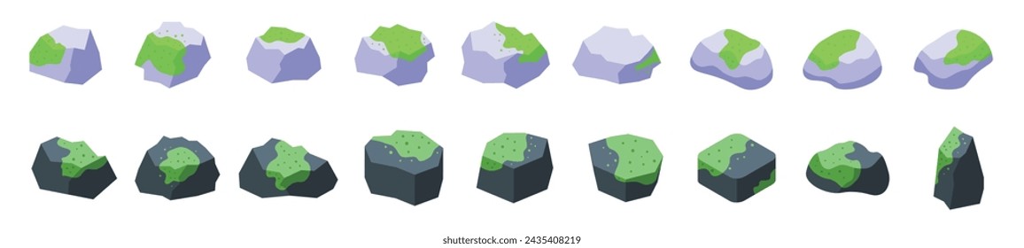 Moss stones icons set isometric vector. Swamp lichen rock. Wild forest nature