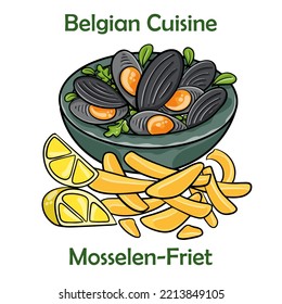 Mosselen-friet. Belgian Moules frites on white background 