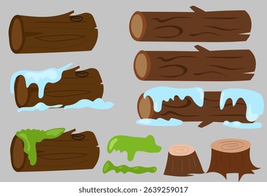 mossy fallen tree trunk illustration. Set of plant tree cartoon element. tropical forest, grass,	