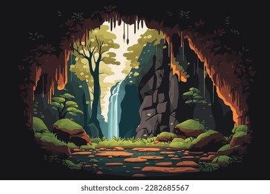 A mossy forest with a waterfall and a cave in the background