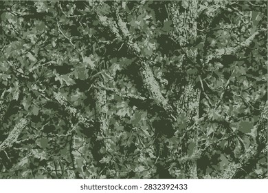 Mossy oak tree branches and leaves in a camouflage pattern, creating a wallpaper-like background. Real tree camouflage pattern.
