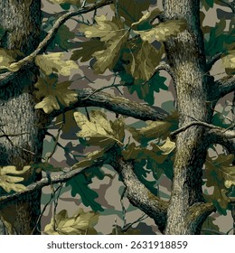 Mossy Oak Tree Camouflage Seamless Pattern, Real tree forest camouflage seamless pattern design pattern for hunting and military uniform. Hunting camouflage