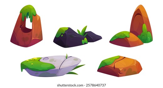 Mossy rock collection with cartoon landscape elements for game environment. Stone shapes covered with green vegetation in various formations - arch, cave, cliff and platform. Fantasy terrain assets.