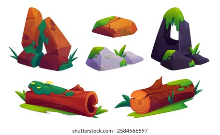 Mossy rocks and fallen logs collection with cartoon game environment design elements. Natural assets - hollow tree trunks, stone arches, boulders covered with grass and flowers. Forest landscape props