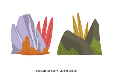 Mossy Solid Stone or Boulder with Grass Vector Set