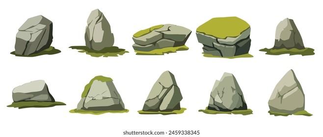 Mossy stone cartoon vector set, rock with moss illustration, natural environment design element for games or animation