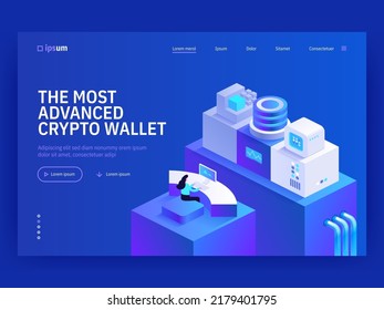 Most advanced crypto wallet isometric vector image on blue background. Access to personal account. Cryptocurrency stock market tools. Web banner with space for text. Composition with 3d components