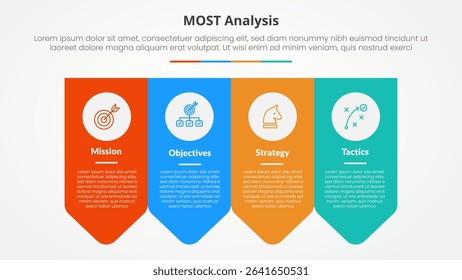 MOST analysis infographic concept for slide presentation with arrow badge shape bottom direction with 4 point list with flat style vector