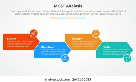 MOST analysis infographic concept for slide presentation with arrow shape right direction up and down with 4 point list with flat style vector