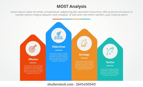 MOST analysis infographic concept for slide presentation with arrow shape on rectangle with top direction with 4 point list with flat style vector