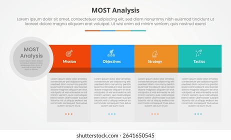 MOST analysis infographic concept for slide presentation with big table shape big header and circle edge with 4 point list with flat style vector