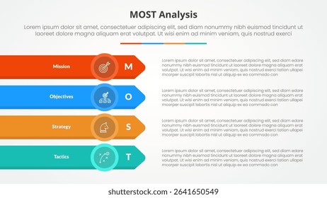 MOST analysis infographic concept for slide presentation with long rectangle with arrow edge on stack vertical with 4 point list with flat style vector