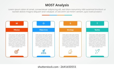 MOST analysis infographic concept for slide presentation with big outline table box and strong header with 4 point list with flat style vector