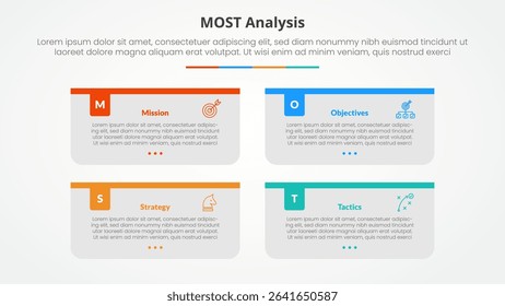 MOST analysis infographic concept for slide presentation with long rectangle box container with colorful badge header with 4 point list with flat style vector