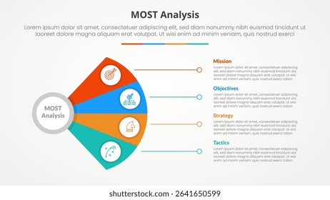 MOST analysis infographic concept for slide presentation with fan propeller shape with line connection with 4 point list with flat style vector