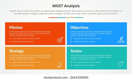 MOST analysis infographic concept for slide presentation with big rectangle box with matrix structure with 4 point list with flat style vector