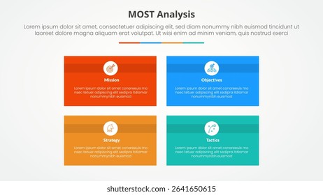 MOST analysis infographic concept for slide presentation with rectangle box matrix structure with 4 point list with flat style vector