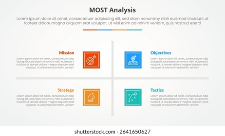 MOST analysis infographic concept for slide presentation with square base and cross line center with 4 point list with flat style vector