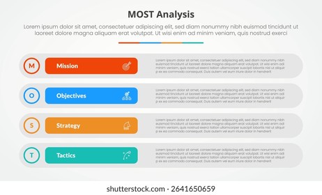 MOST analysis infographic concept for slide presentation with long round rectangle box stack with 4 point list with flat style vector