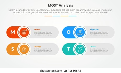 MOST analysis infographic concept for slide presentation with round rectangle creative shape with 4 point list with flat style vector